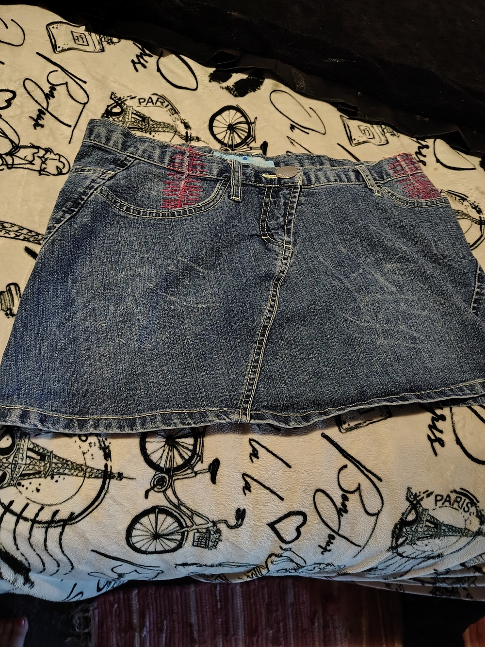 Women's Blue Denim Mini Skirt with Pink Embroidered Accents